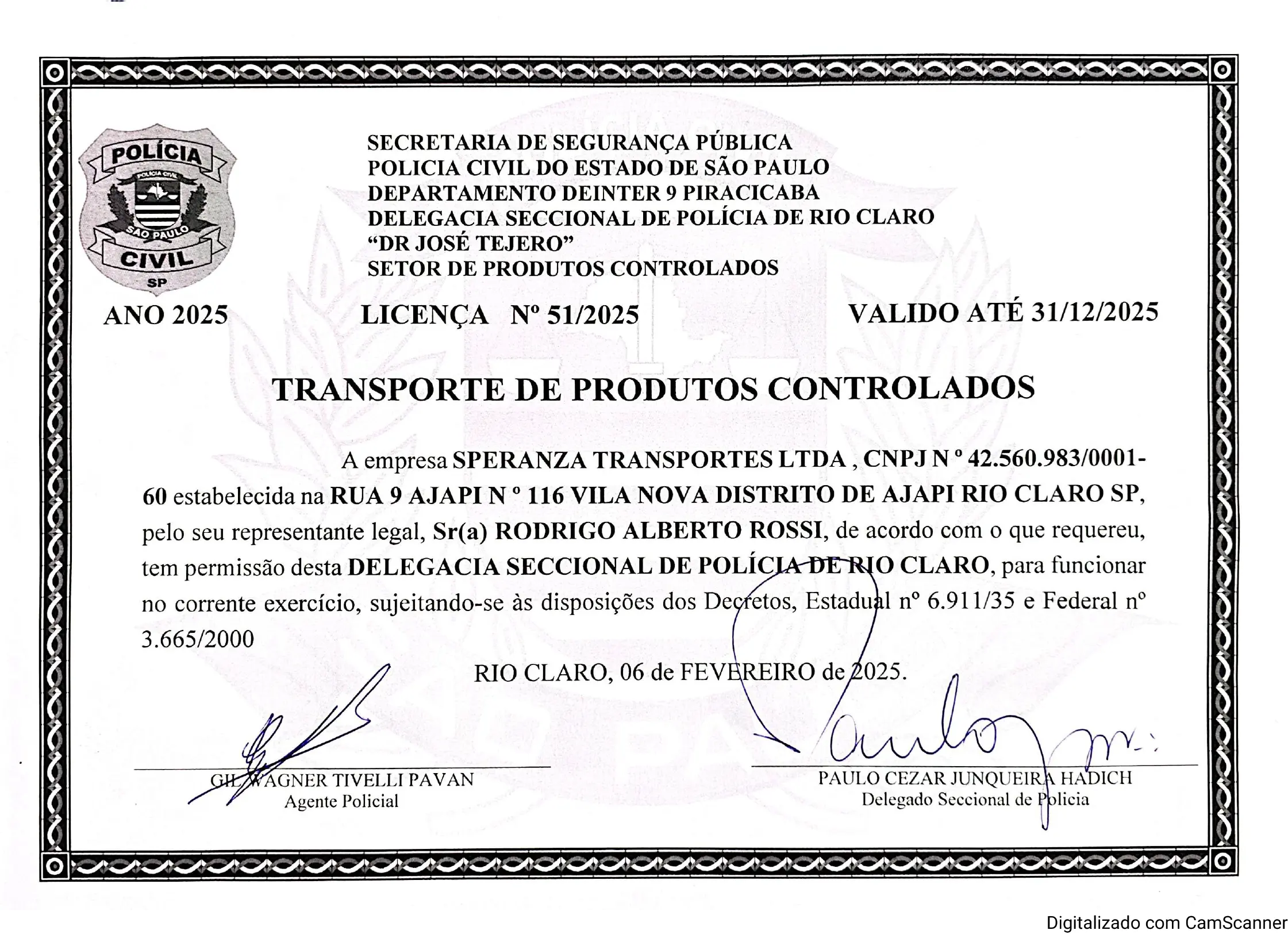 Certificado Produtos Controlados